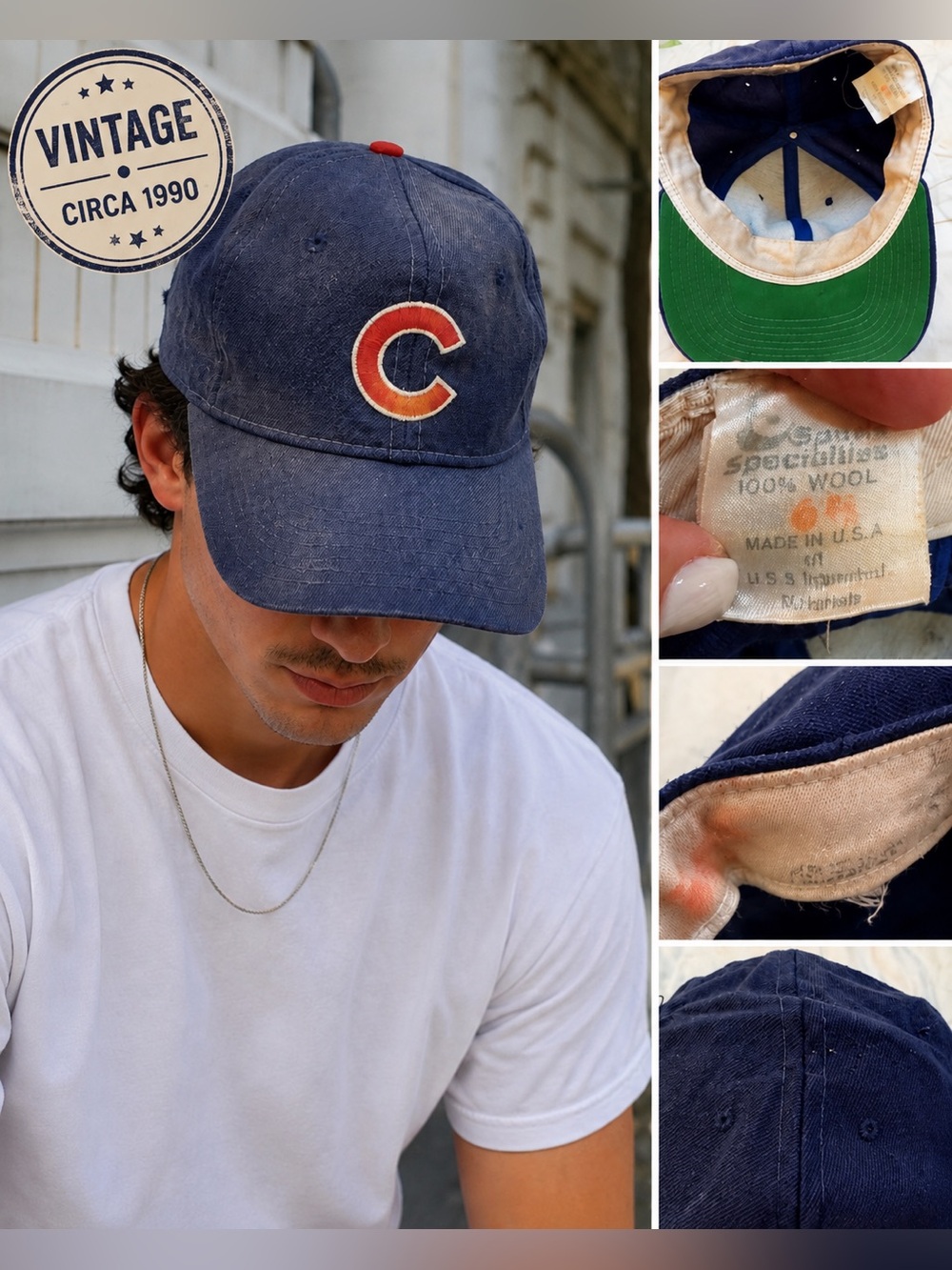 Vintage Chicago Cubs Sports Specialties Wool Fitted Cap USA Made Green Underbill